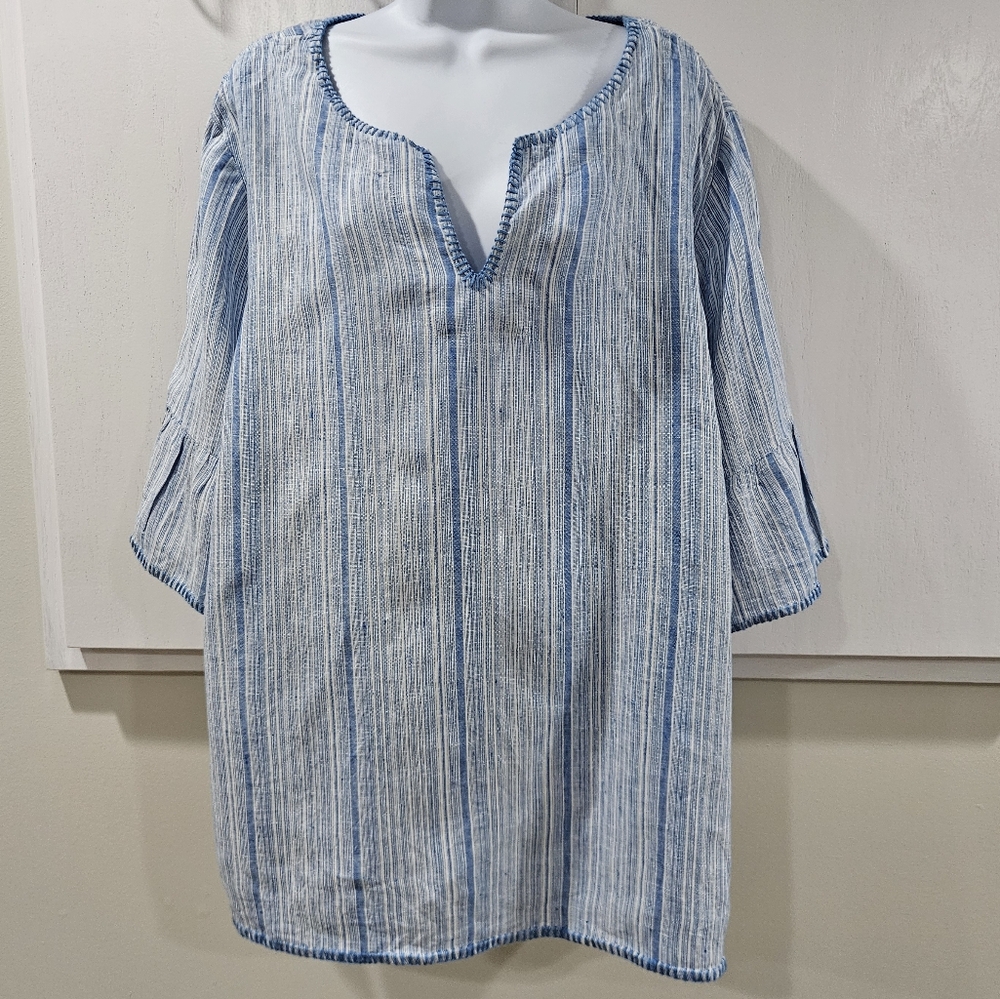 Tahari Womens 100% Linen Top 3X Coastal Blue Vertical Stripe Bell Sleeve Tunic